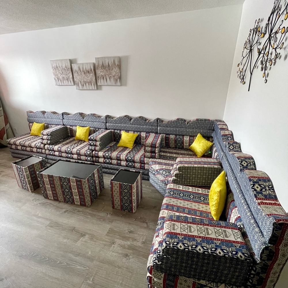 Patterned Sectional Sofa with Yellow Accents
